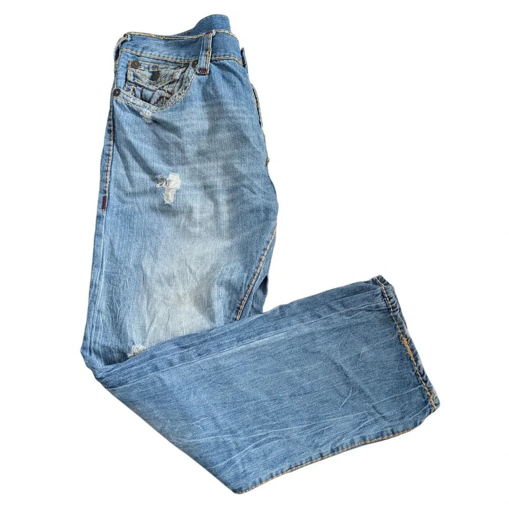 True Religion Ricky‎ Flap Super T Jeans Men 38x33 Relaxed Medium Wash Distressed